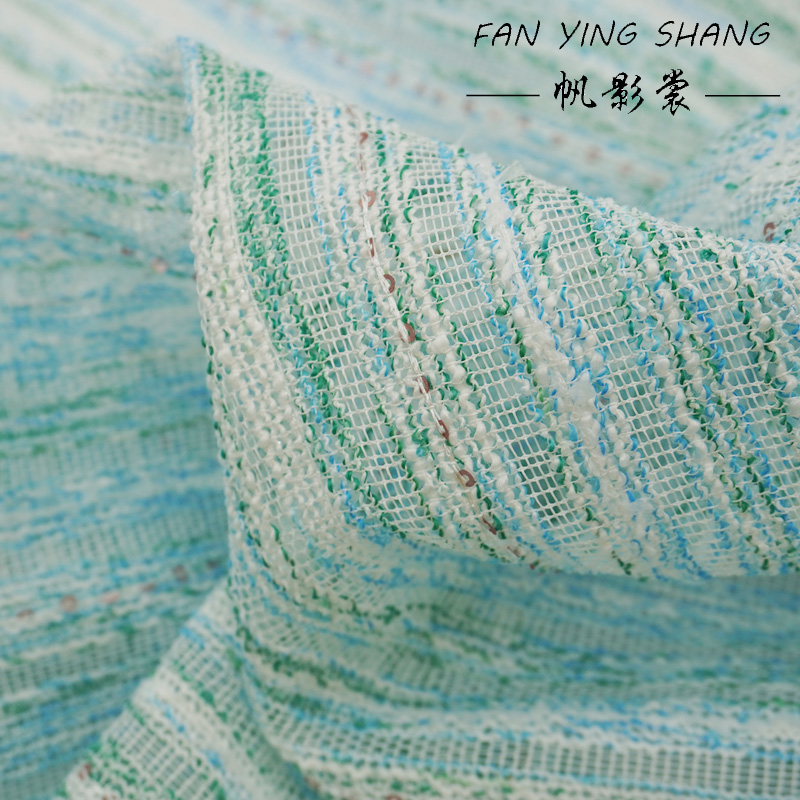 Sewing Tweed - ผ้าทวีดลายทางสีน้ำเงิน-เขียวแบบใหม่พร้อมเลื่อม ผ้าทอเนื้อพิเศษสำหรับตัดเย็บเสื้อโค้ทและชุดเดรส