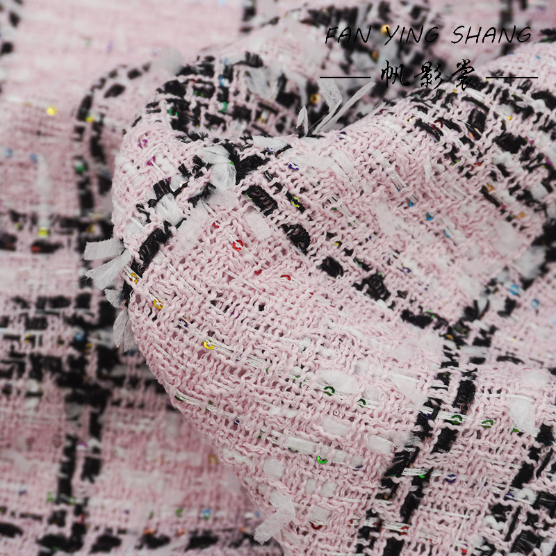 Sewing Tweed - ผ้าทวีดลายสก็อตสีชมพูคลาสสิกประดับเลื่อมสีสันสดใสสำหรับทำเสื้อโค้ท ขายเป็นหลา ผ้ากลิตเตอร์ ผ้าสำหรับงานเย็บปักถักร้อย ผ้าสำหรับงาน DIY