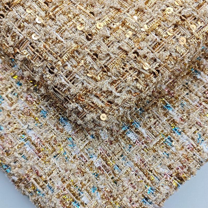Sewing Tweed - ผ้าทวีดถักลายเส้นทองและเลื่อมย้อมสี สำหรับเสื้อแจ็คเก็ต ชุดเดรส เสื้อโค้ท ผ้าสำหรับงาน DIY