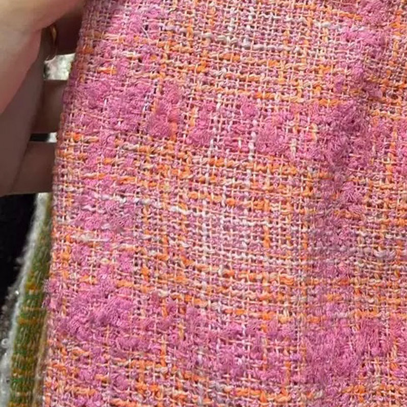 Sewing Tweed - ผ้าทวีดลายตารางสีชมพูและสีส้มพร้อมริบบิ้น ผ้าถักย้อมสีสำหรับทำเสื้อแจ็คเก็ต ชุดเดรส เสื้อโค้ท วัสดุสำหรับงานเย็บผ้า DIY
